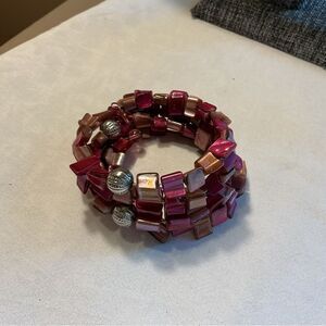 Shades of Pinks Shell with Silvertone Beads Memory Wire Bracelet